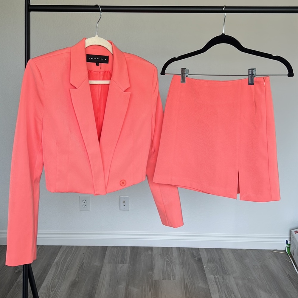 cropped coral blazer and skirt set from Esther Penn
